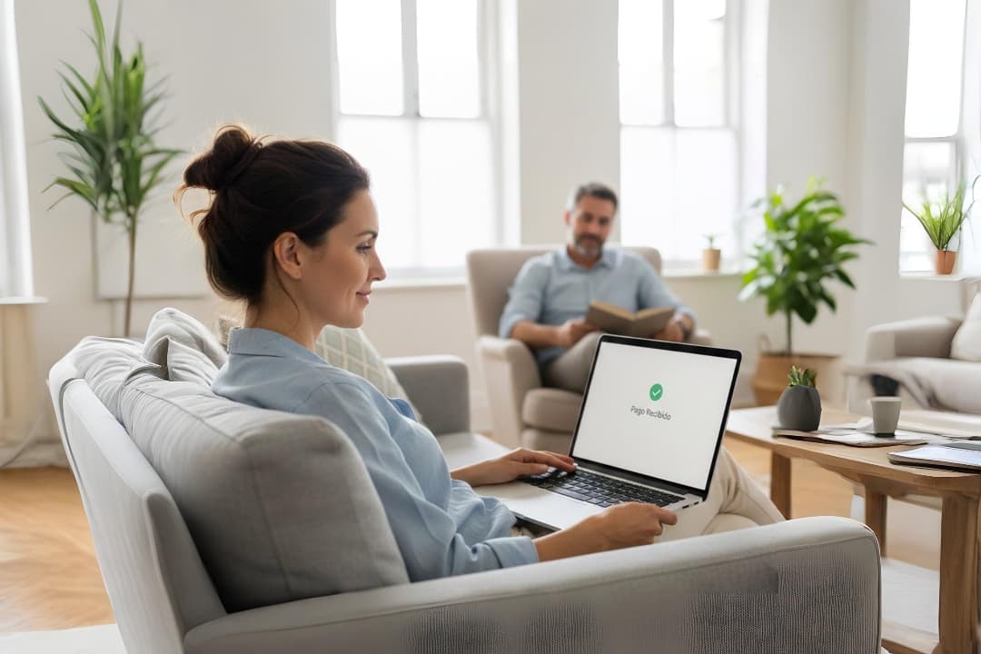 Mujer trabajando en laptop desde el sofá